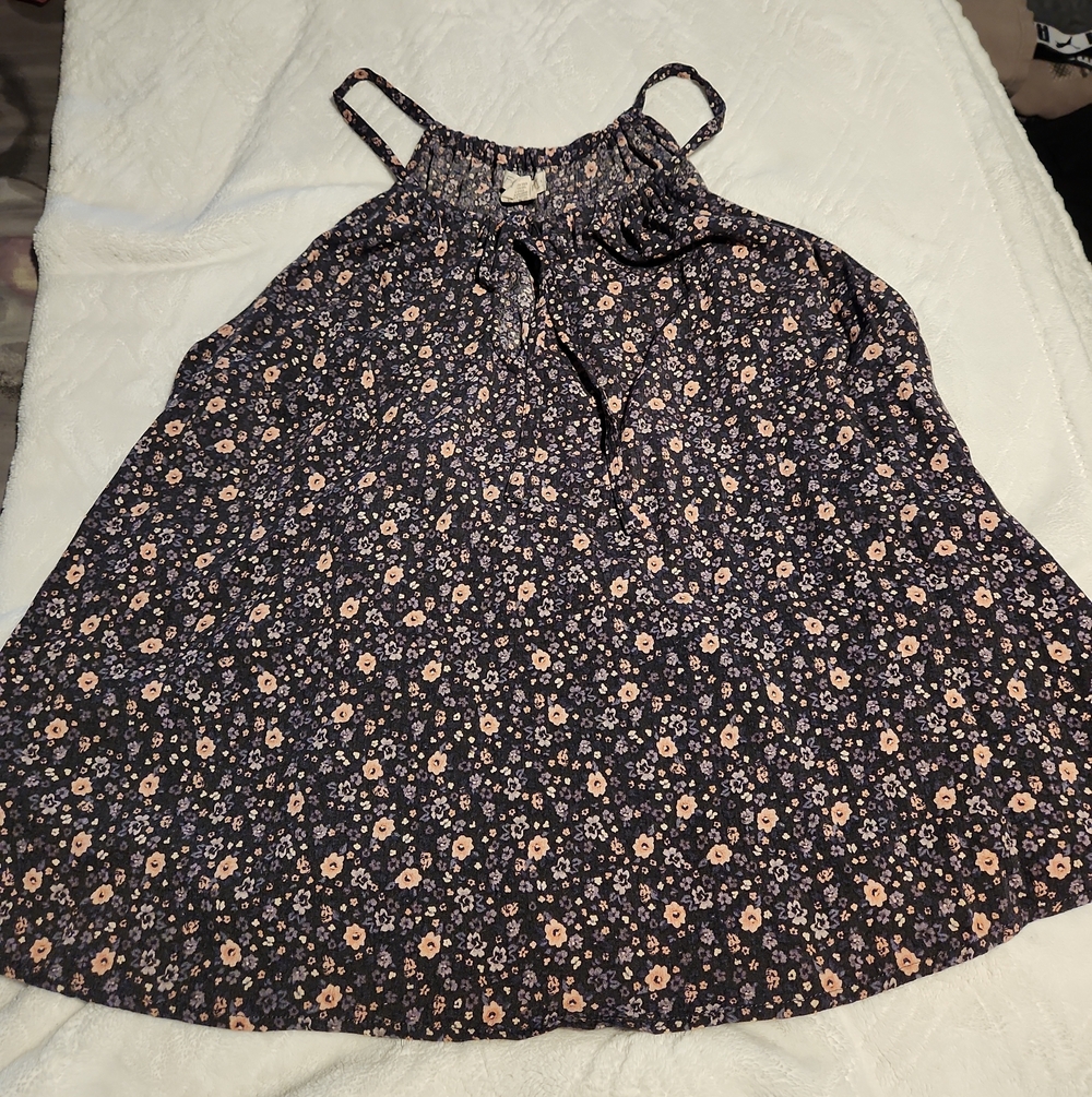 Women's Navy Floral Halter Tank Top - Peach Accent